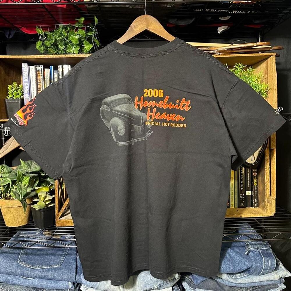Vitnage Y2K Hot Rodder Car Show Tee Black Orange Sleeve Flames Biker Style Shirt